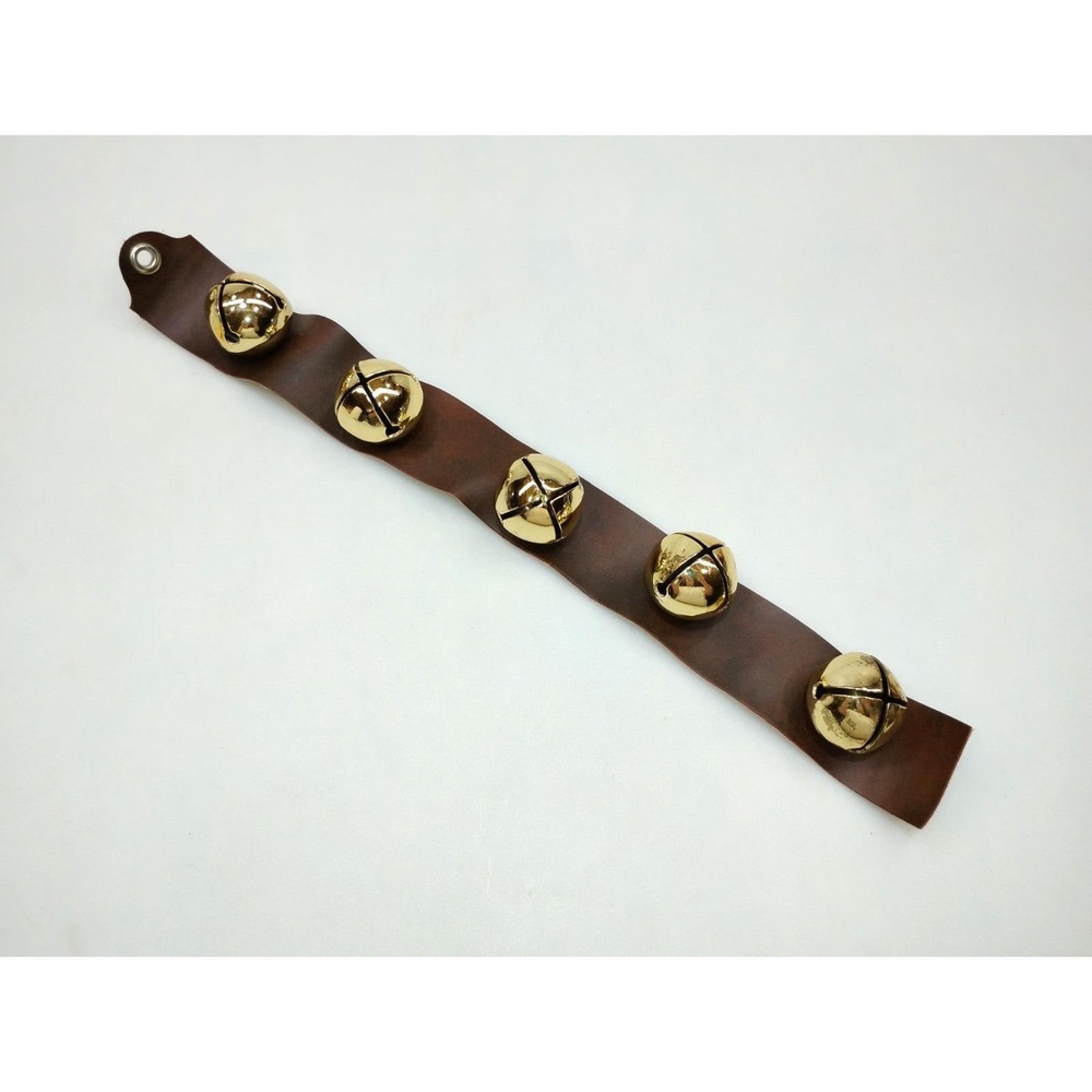 Antique Style Jingle Bells 5 Bell Strap Brass Tone 1.5" Diameter Very Good Cond